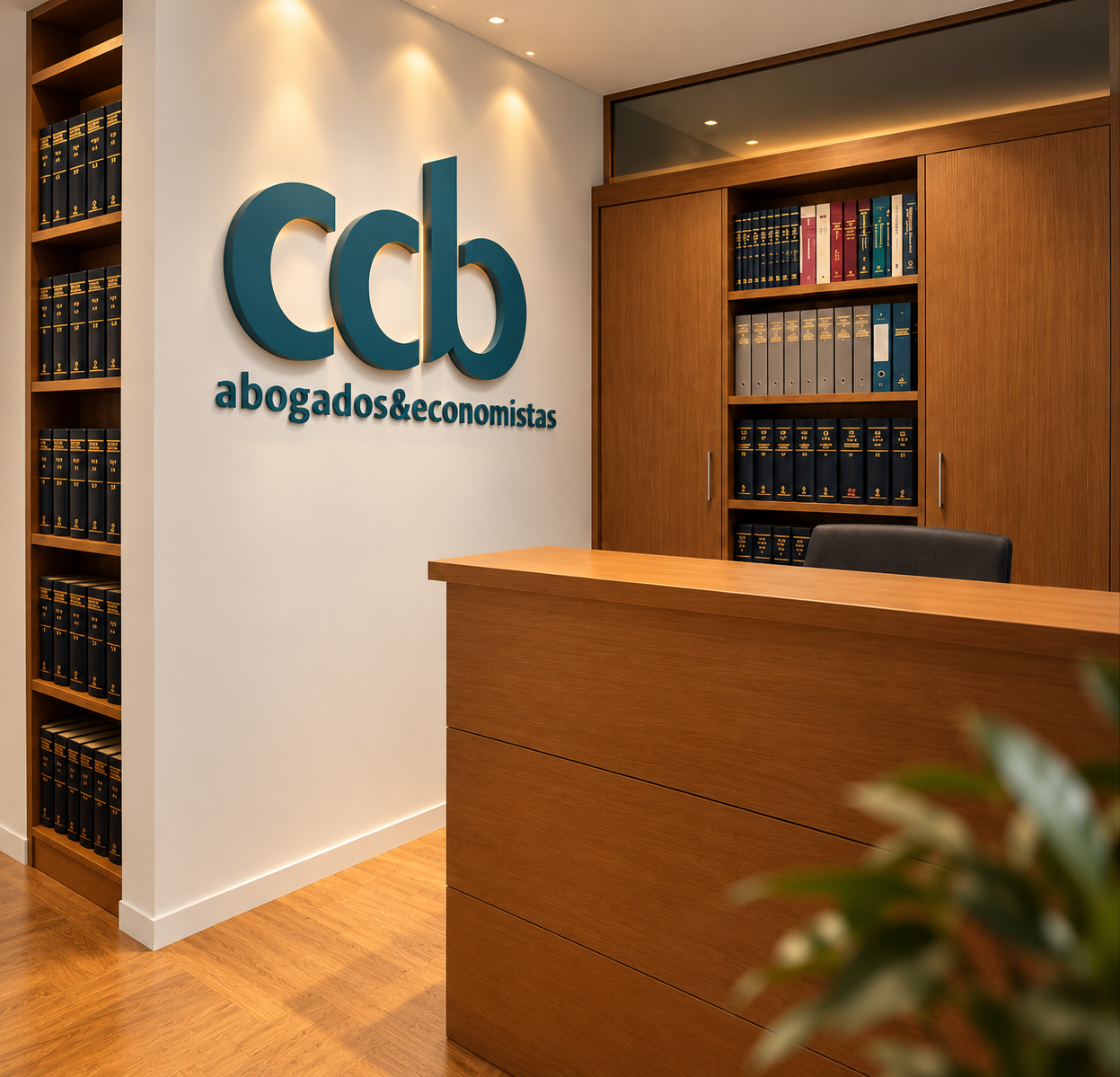 Recepción del despacho CCB Abogados y Economistas en Barcelona, con el logotipo en la pared
